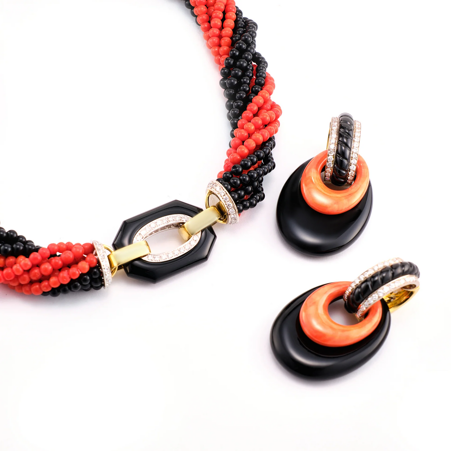 Weber & Blauer Onyx, Coral and Diamond Sautoir with Earclips