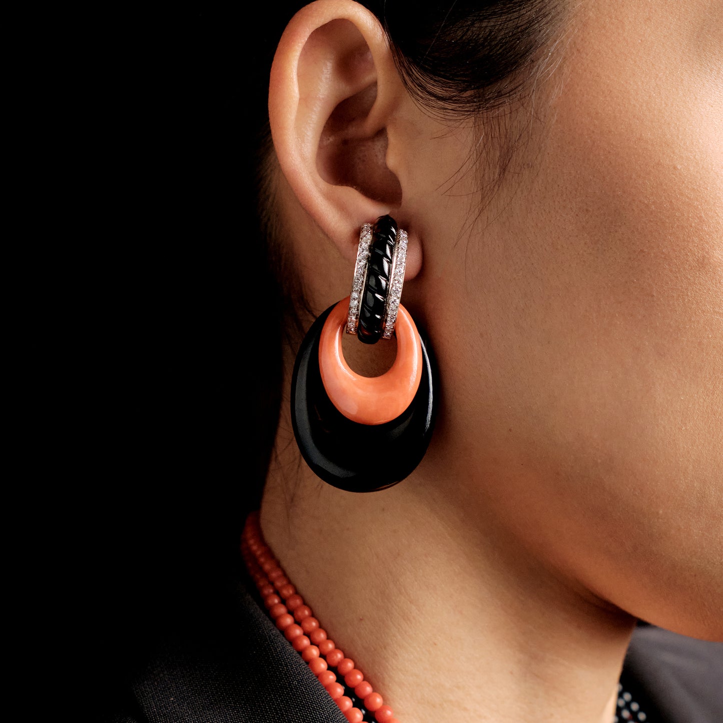 Weber & Blauer Onyx, Coral and Diamond Sautoir with Earclips