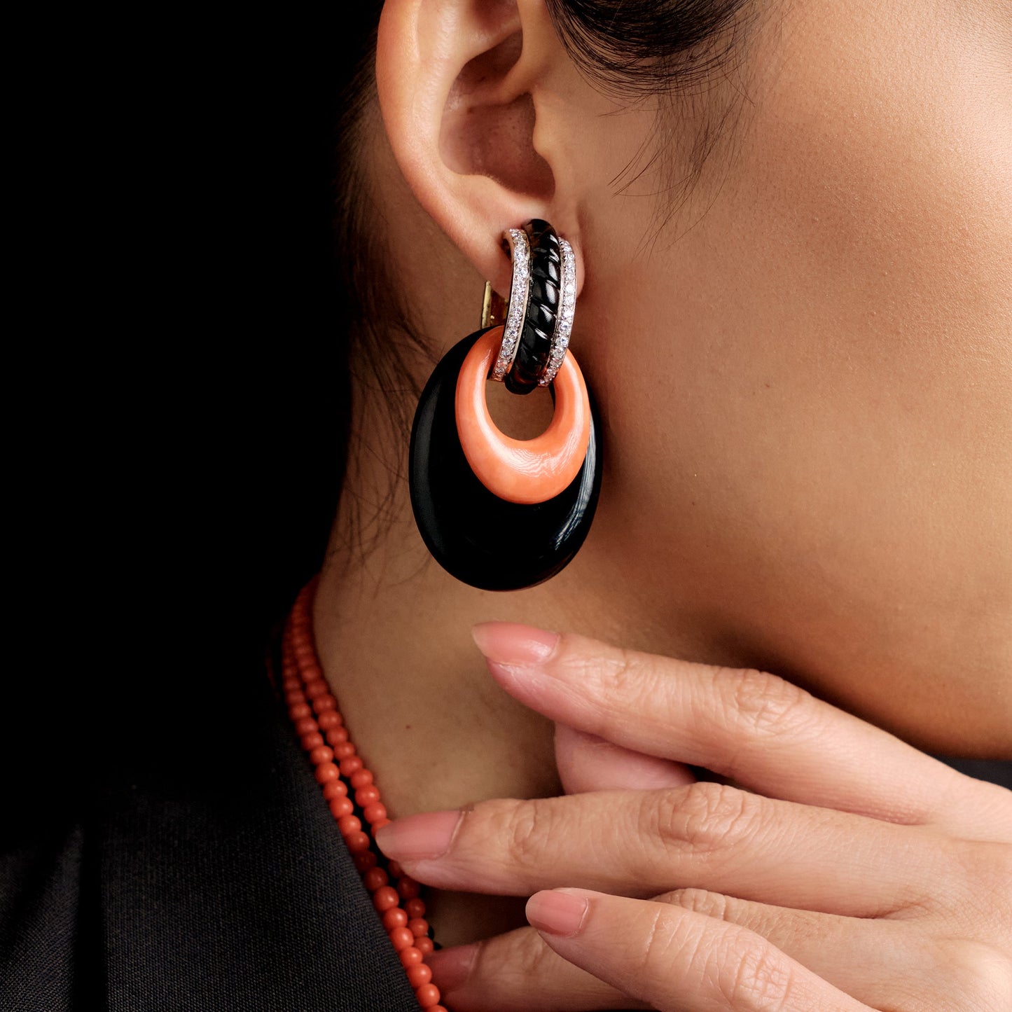Weber & Blauer Onyx, Coral and Diamond Earclips