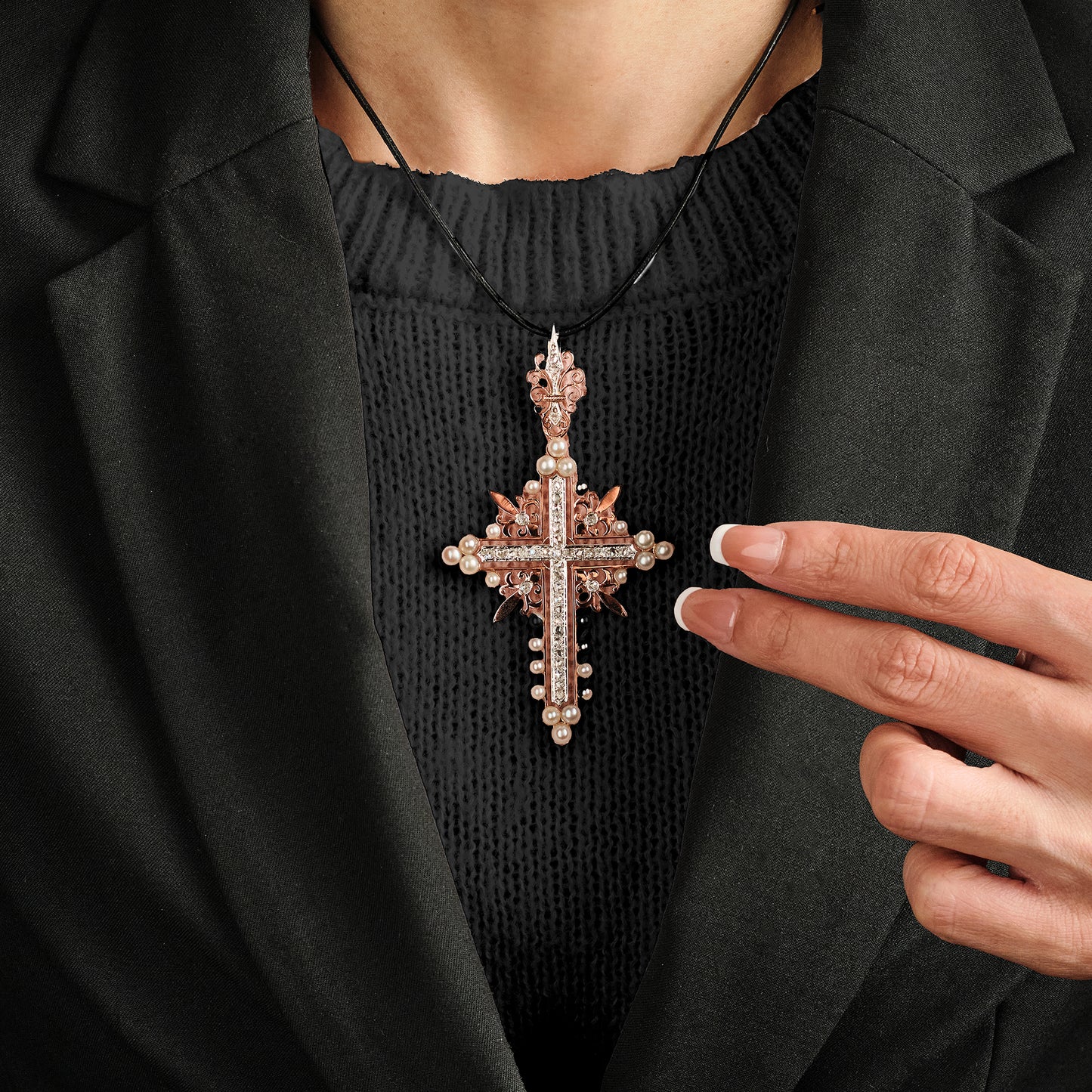 Antique Pearl and Diamonds Cross Pendant