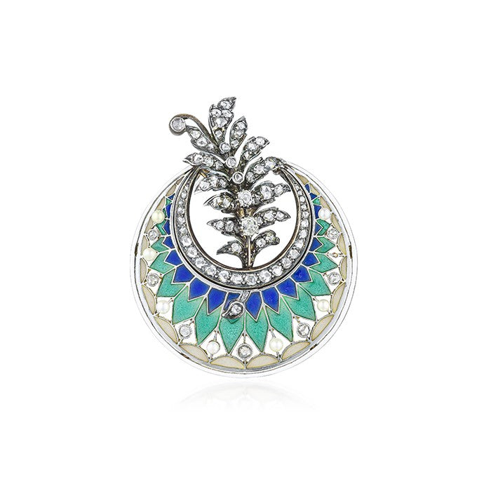 Vintage Plique-a-jour Rose-Cut Diamond and Seed Pearl Brooch