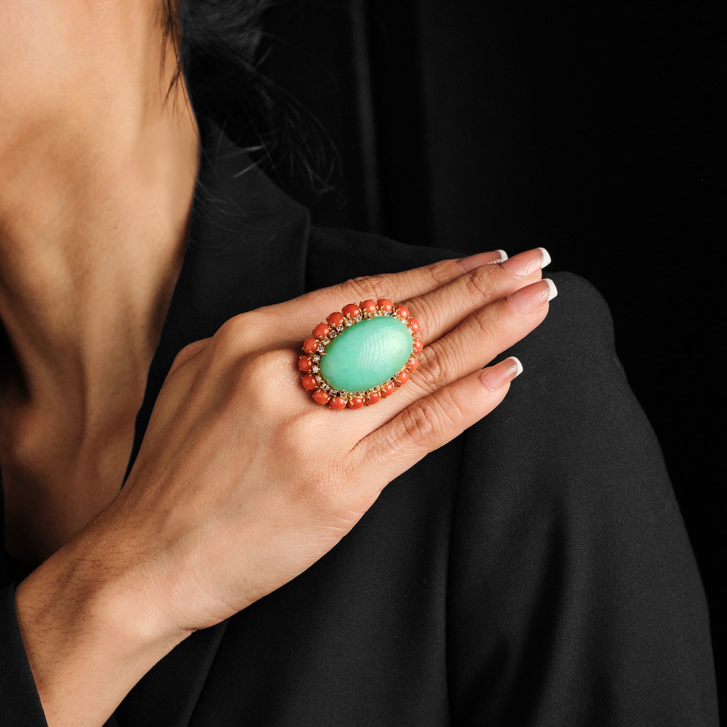 Vintage Chrysoprase and Coral Ring