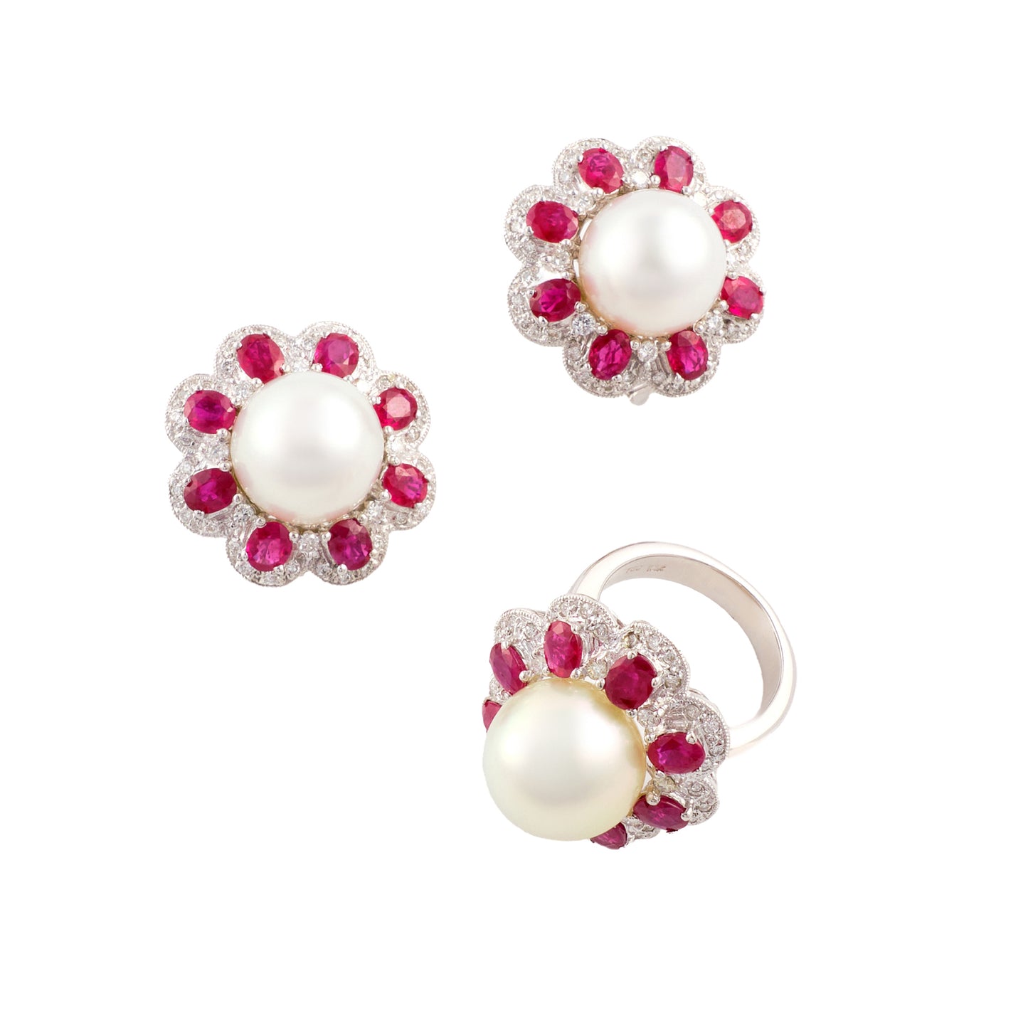Vintage Ruby and Pearl set of Ring and Earrings