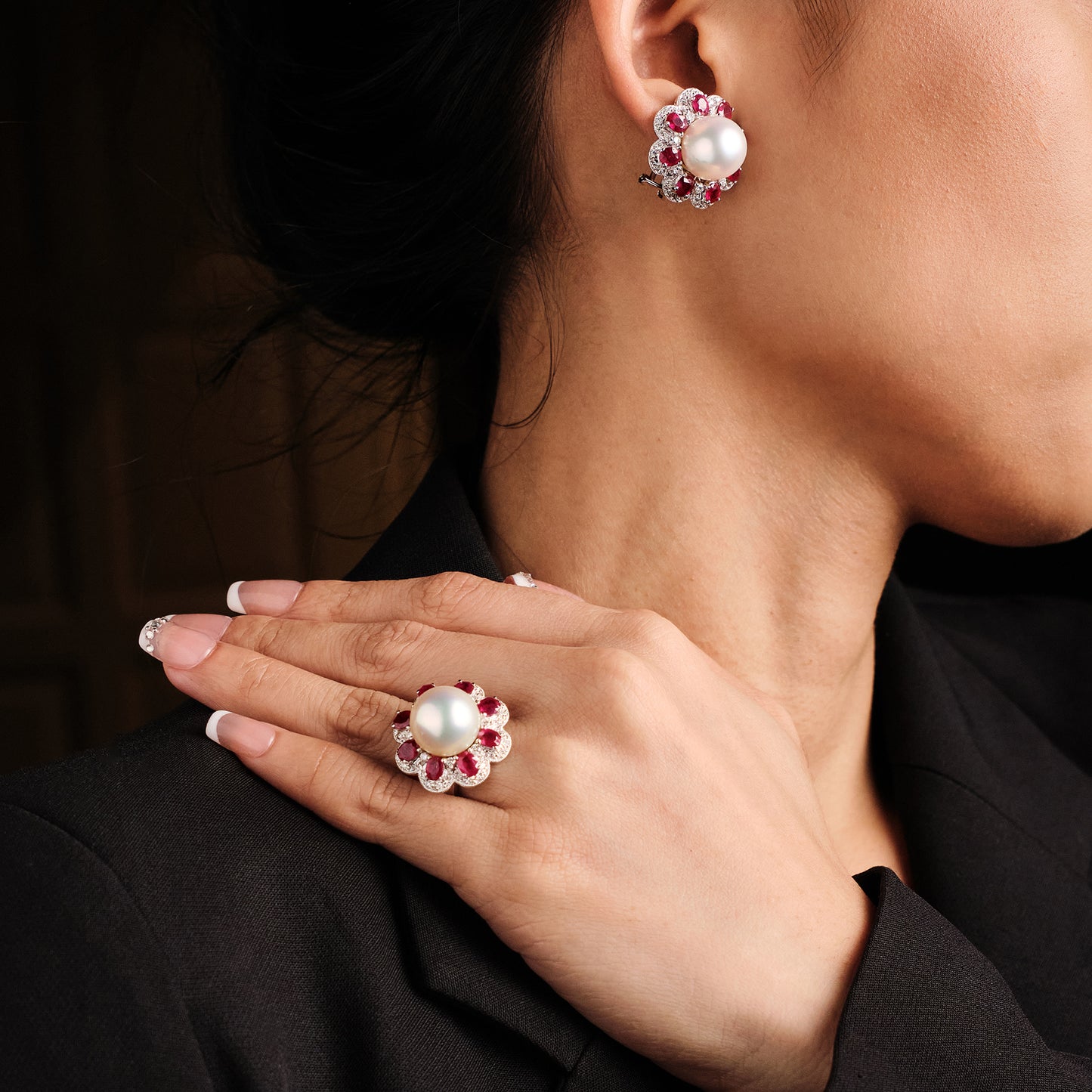 Vintage Ruby and Pearl set of Ring and Earrings