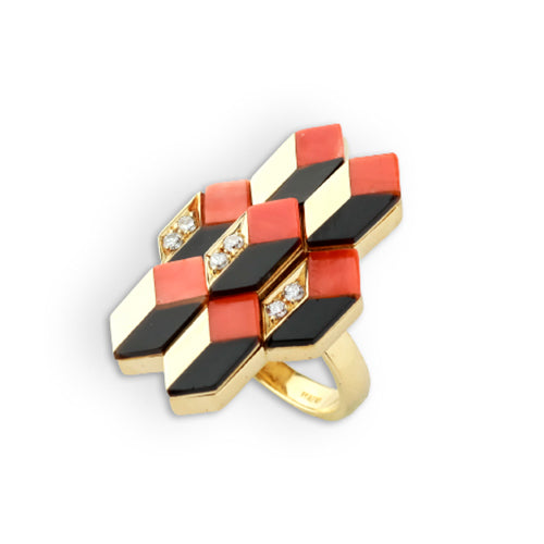 Vintage Italian Modernist Coral, Onyx & Diamond Ring
