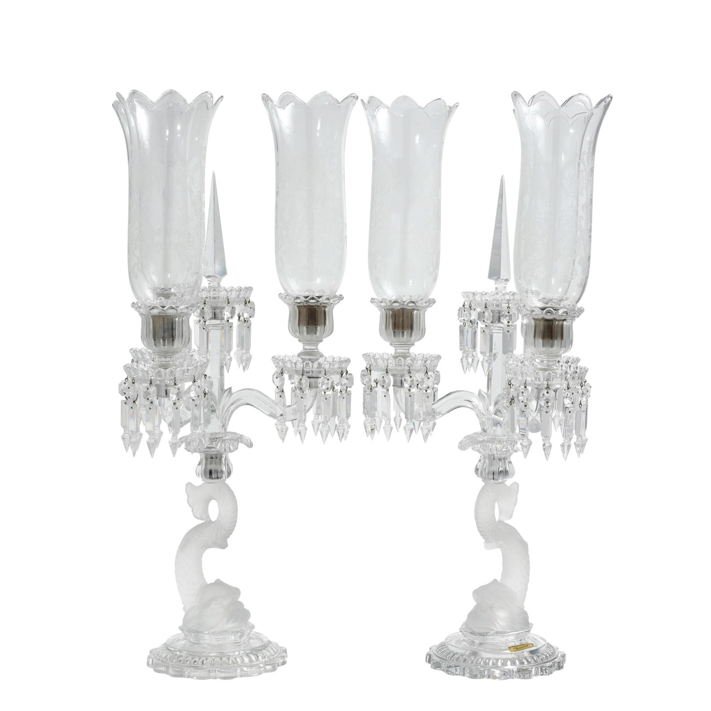 Baccarat Pair of "Dauphin" Crystal Three-Branch Candelabra