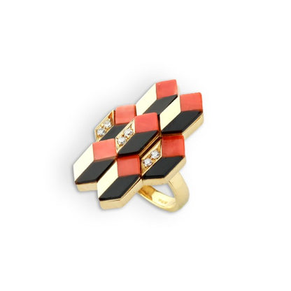 Vintage Italian Modernist Coral, Onyx & Diamond Ring