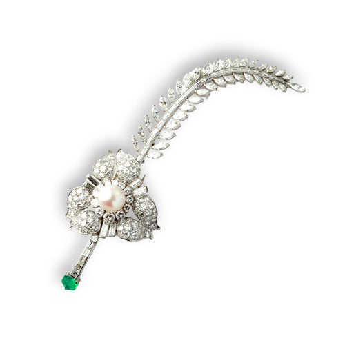Vintage Pearl, Emerald & Diamond Brooch