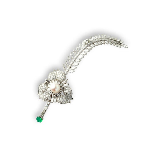 Vintage Pearl, Emerald & Diamond Brooch