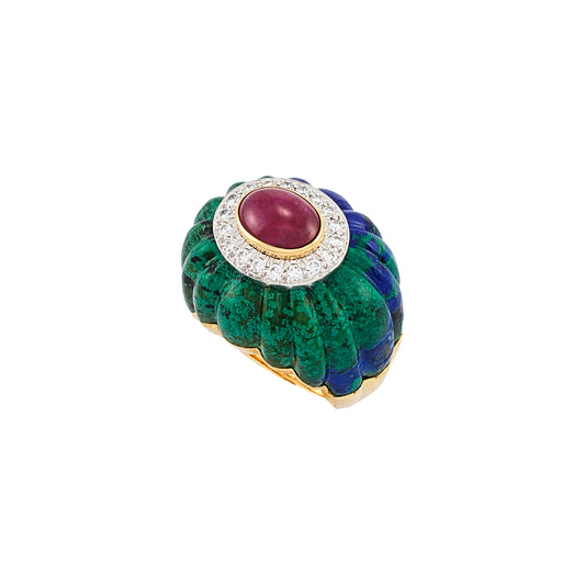 David Webb Azurmalachite and Ruby Ring