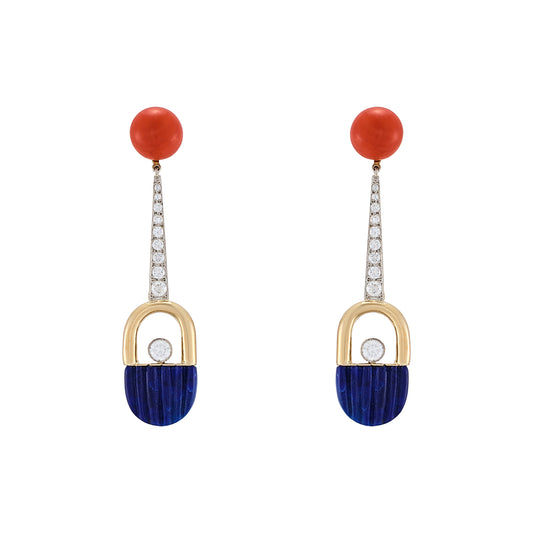 Vintage Coral and Lapis Lazuli Earrings