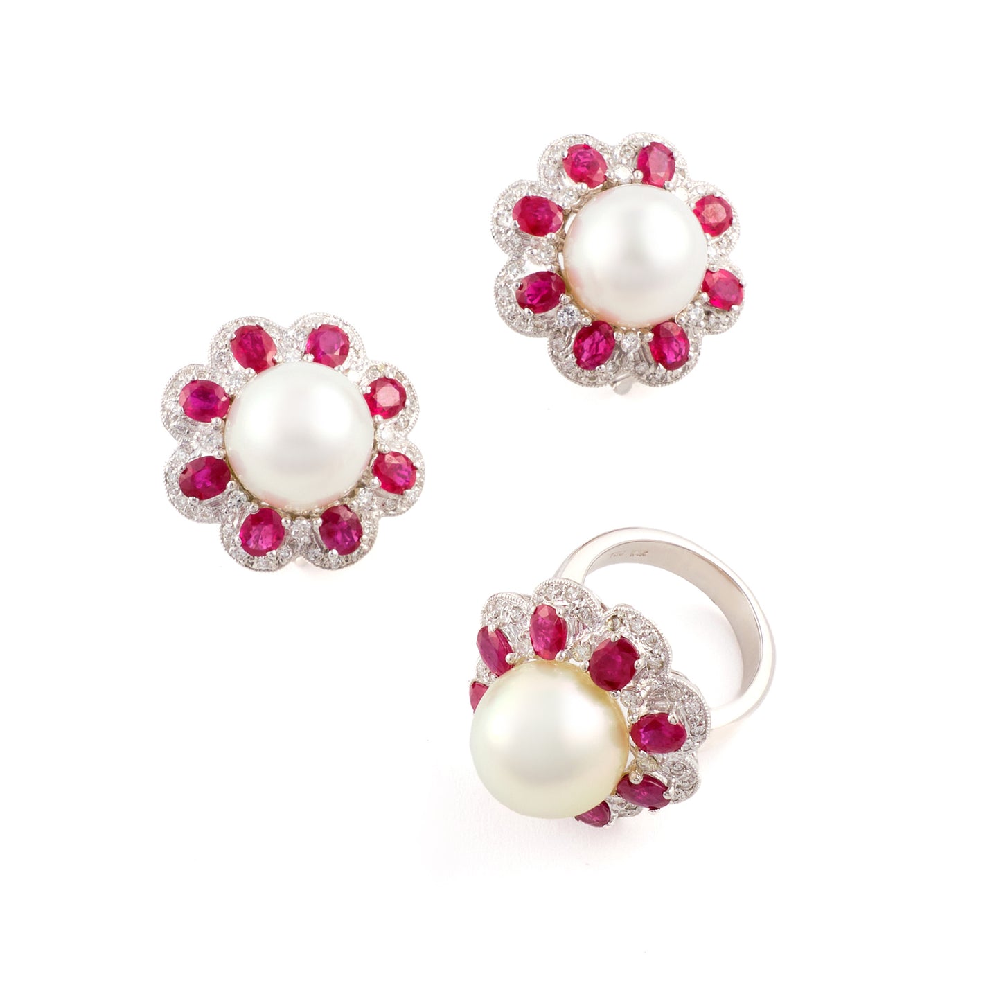 Vintage Ruby and Pearl set of Ring and Earrings