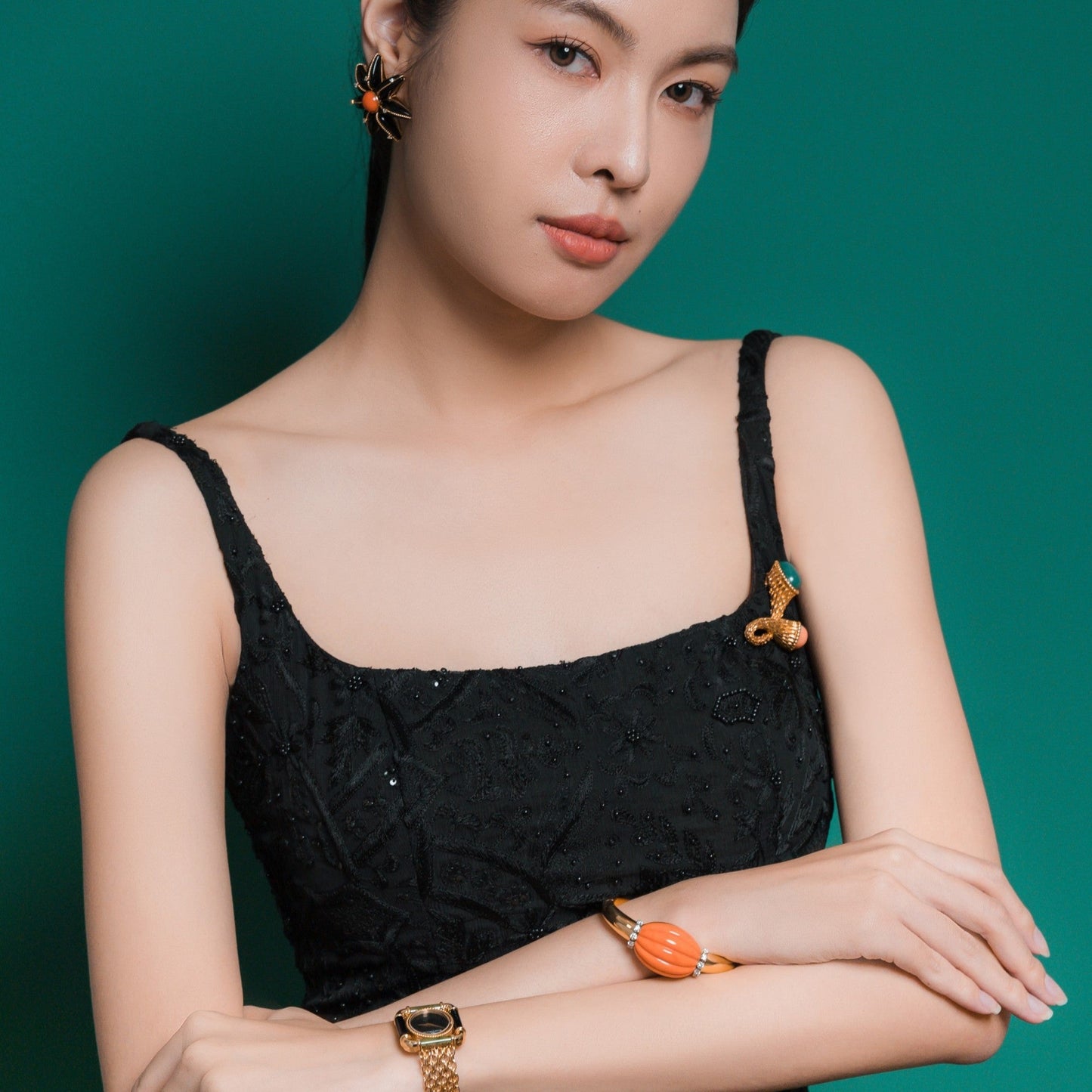 Vintage Black Onyx and Coral Earrings