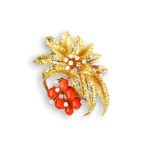 Vintage Diamond Coral Flower Brooch